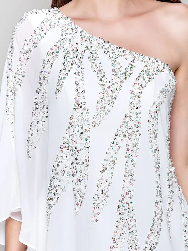 DingjiSparkle White Wedding Guest Cocktail Party Dress One Shoulder Sleeveless Knee Length Chiffon with Sequin