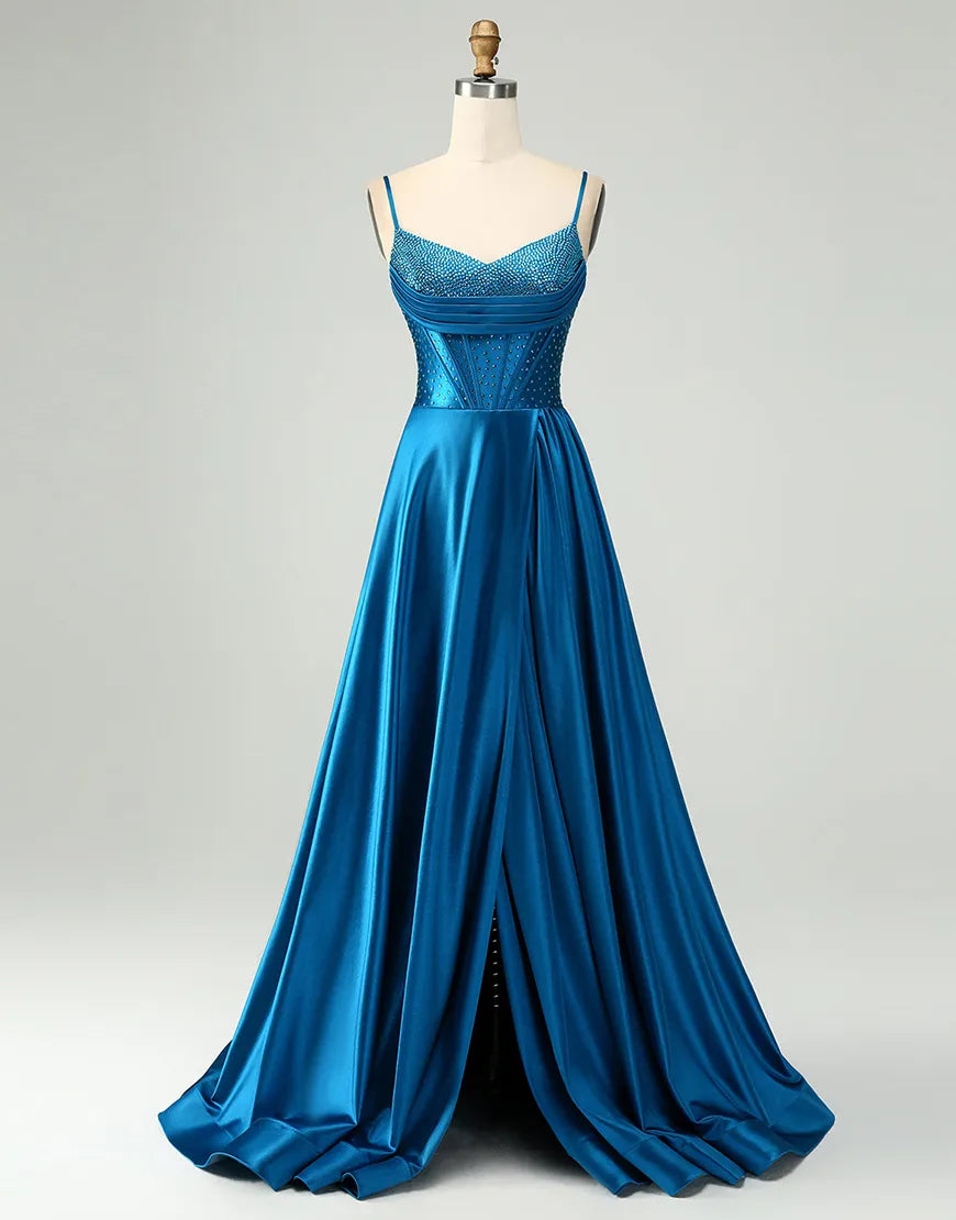 Dark Blue A-Line Beaded Satin Corset Long Prom Dress