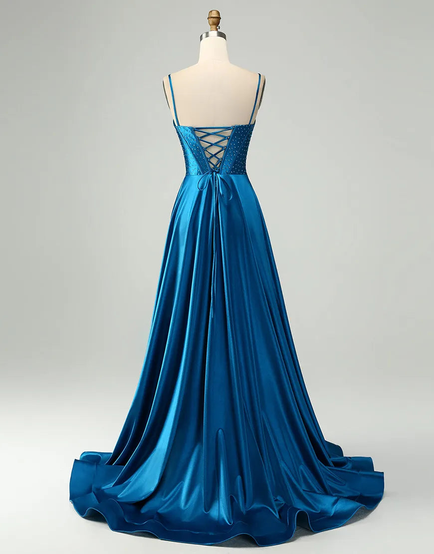 Dark Blue A-Line Beaded Satin Corset Long Prom Dress