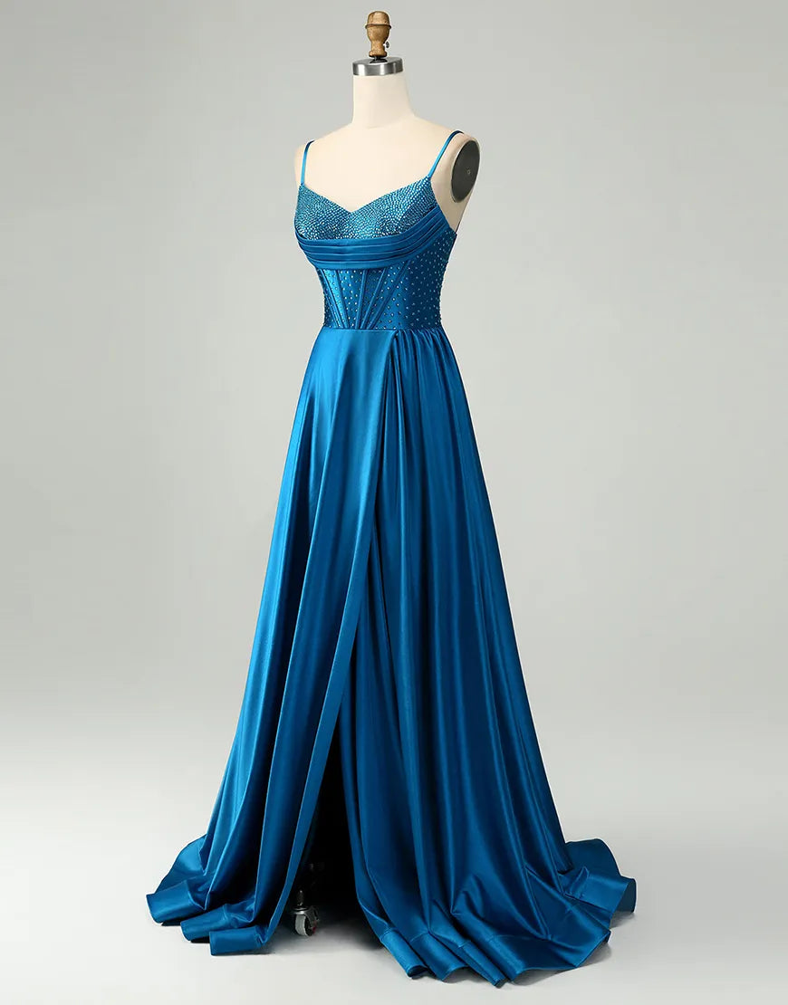 Dark Blue A-Line Beaded Satin Corset Long Prom Dress
