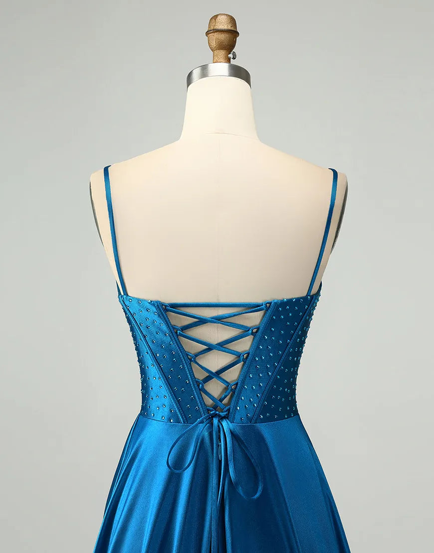 Dark Blue A-Line Beaded Satin Corset Long Prom Dress