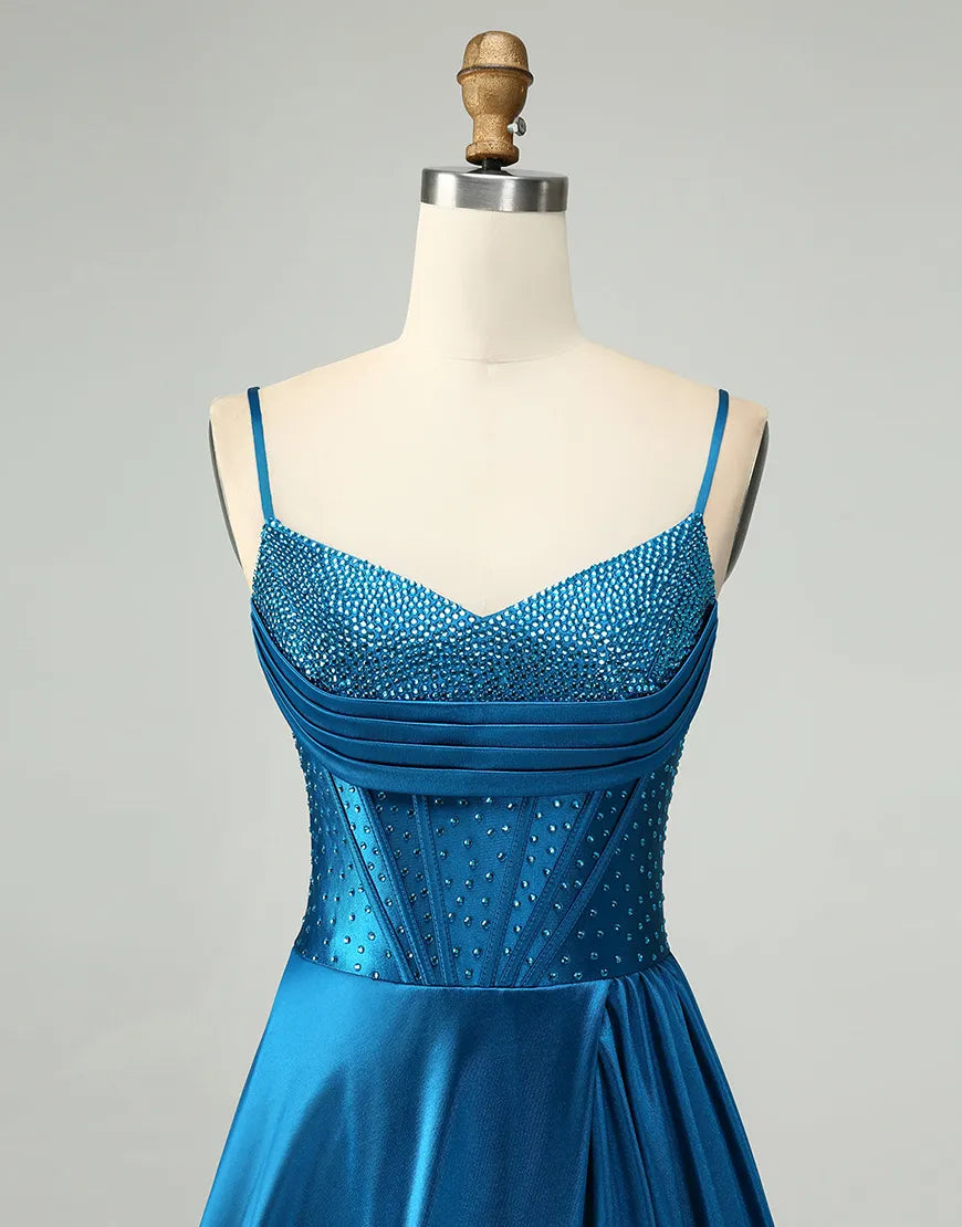 Dark Blue A-Line Beaded Satin Corset Long Prom Dress