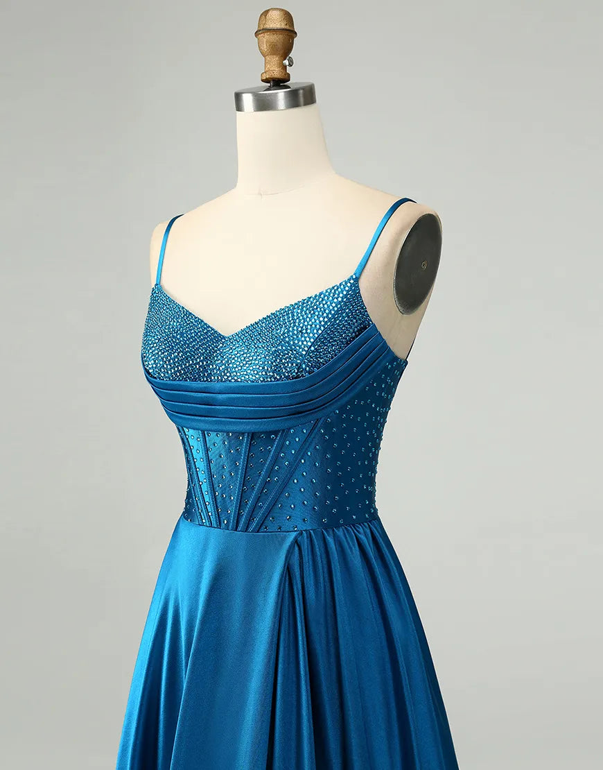 Dark Blue A-Line Beaded Satin Corset Long Prom Dress