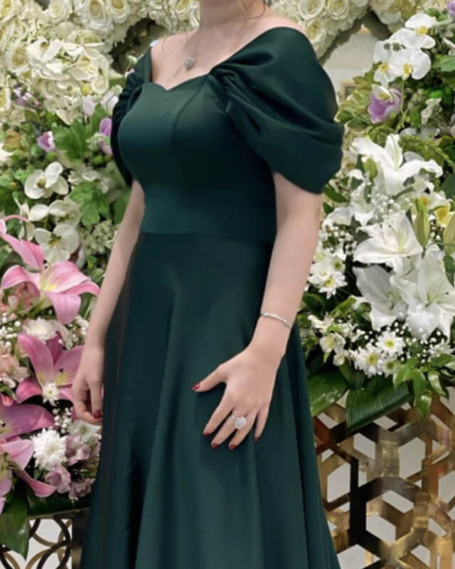Dark Green Satin Evening Dresses Cap Sleeves