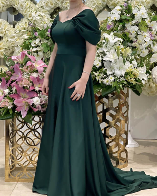 Dark Green Satin Evening Dresses Cap Sleeves