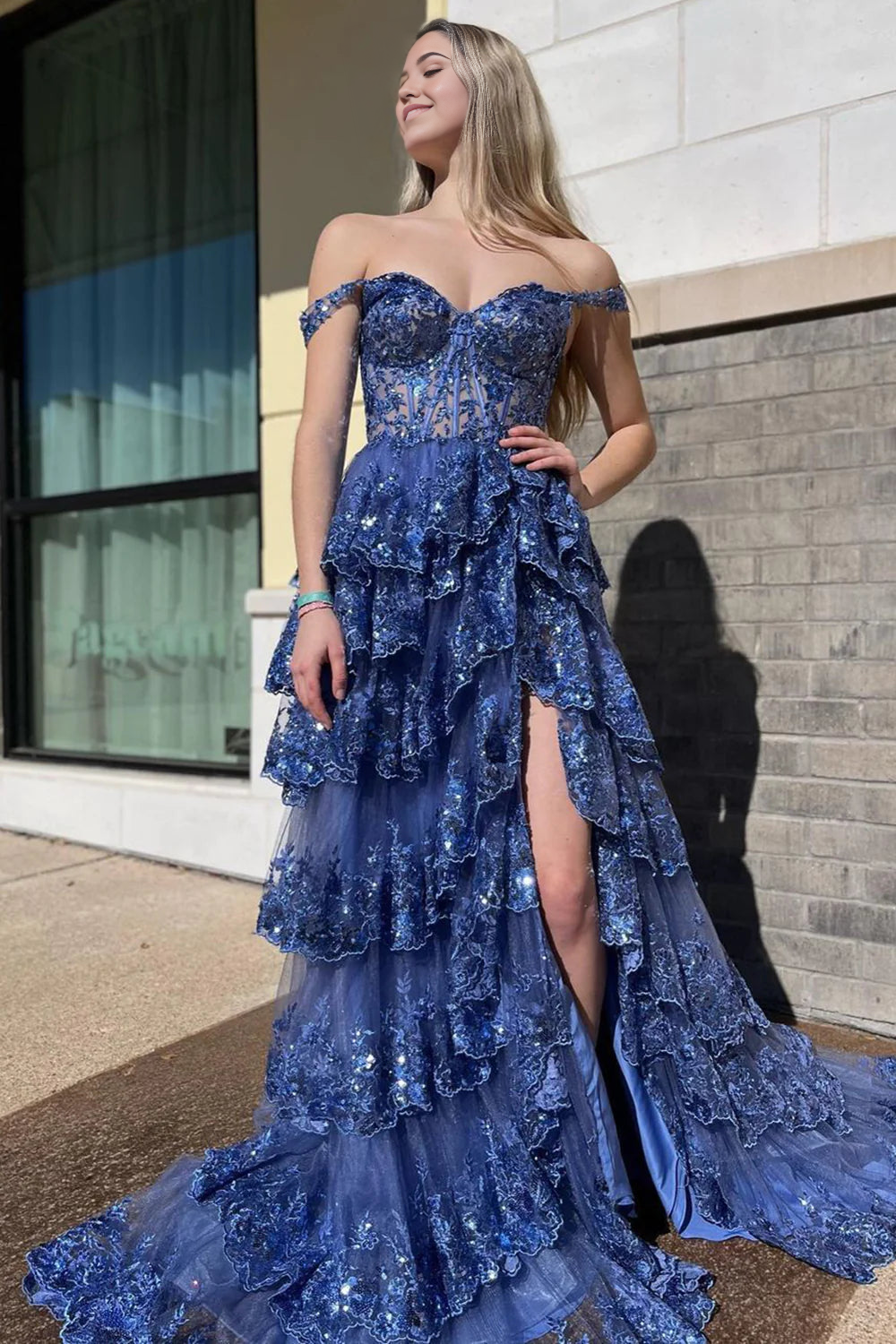 A-Line Off The Shoulder Tiered Prom Dress With Split