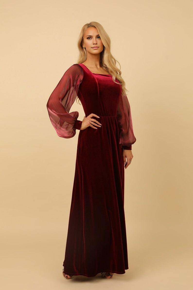 Dark Burgundy Prom Velvet Dress Square Neck Dress Velvet Long Dress Formal Dress Evening Dress