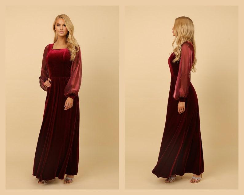 Dark Burgundy Prom Velvet Dress Square Neck Dress Velvet Long Dress Formal Dress Evening Dress