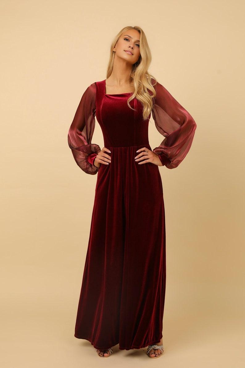 Dark Burgundy Prom Velvet Dress Square Neck Dress Velvet Long Dress Formal Dress Evening Dress