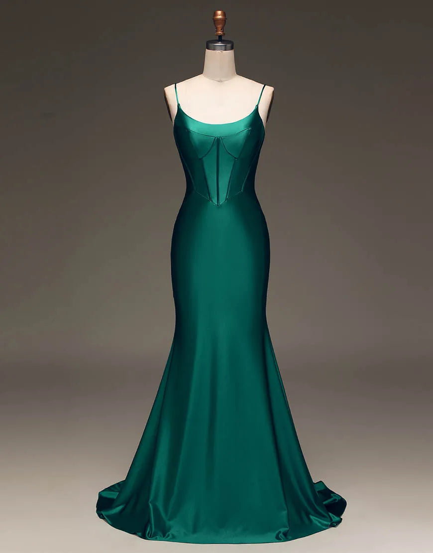 Dark Green Spaghetti Straps Lace Up Long Tight Satin Prom Dress