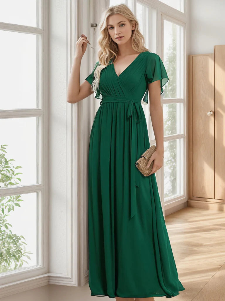 A-Line Pleated Chiffon Tie-Waist Evening Dress