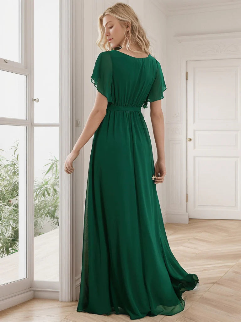 A-Line Pleated Chiffon Tie-Waist Evening Dress