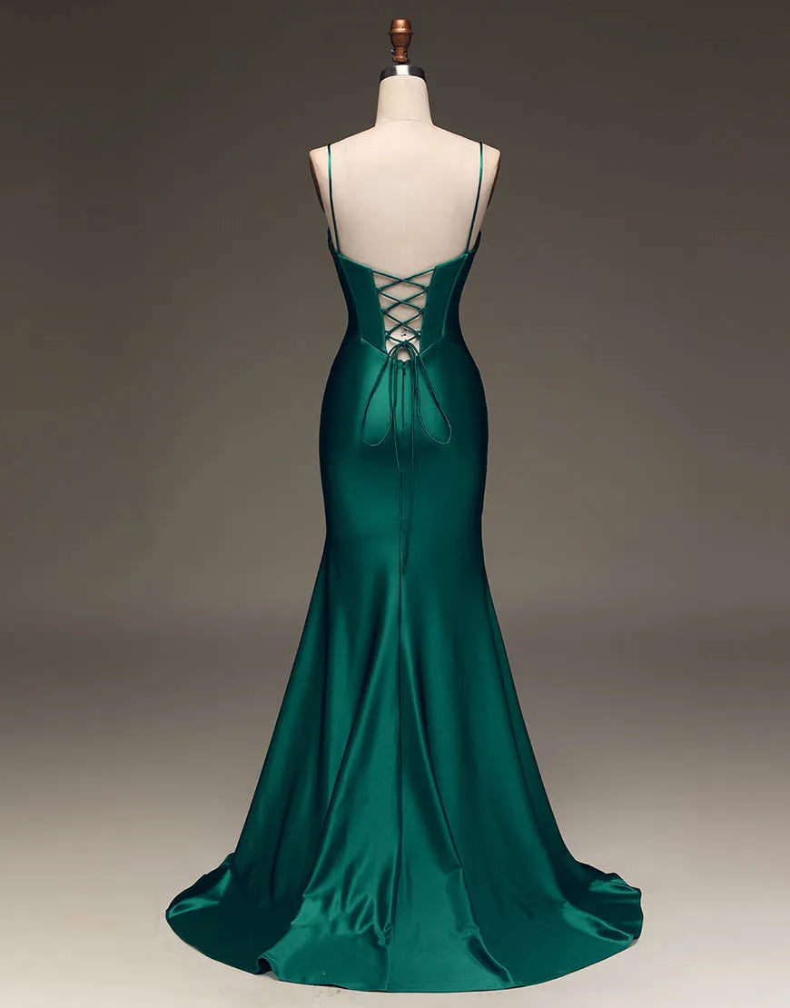 Dark Green Spaghetti Straps Lace Up Long Tight Satin Prom Dress