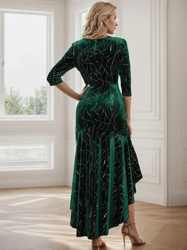 Women's Stylish Bodycon High-Low Velvet Party Dress