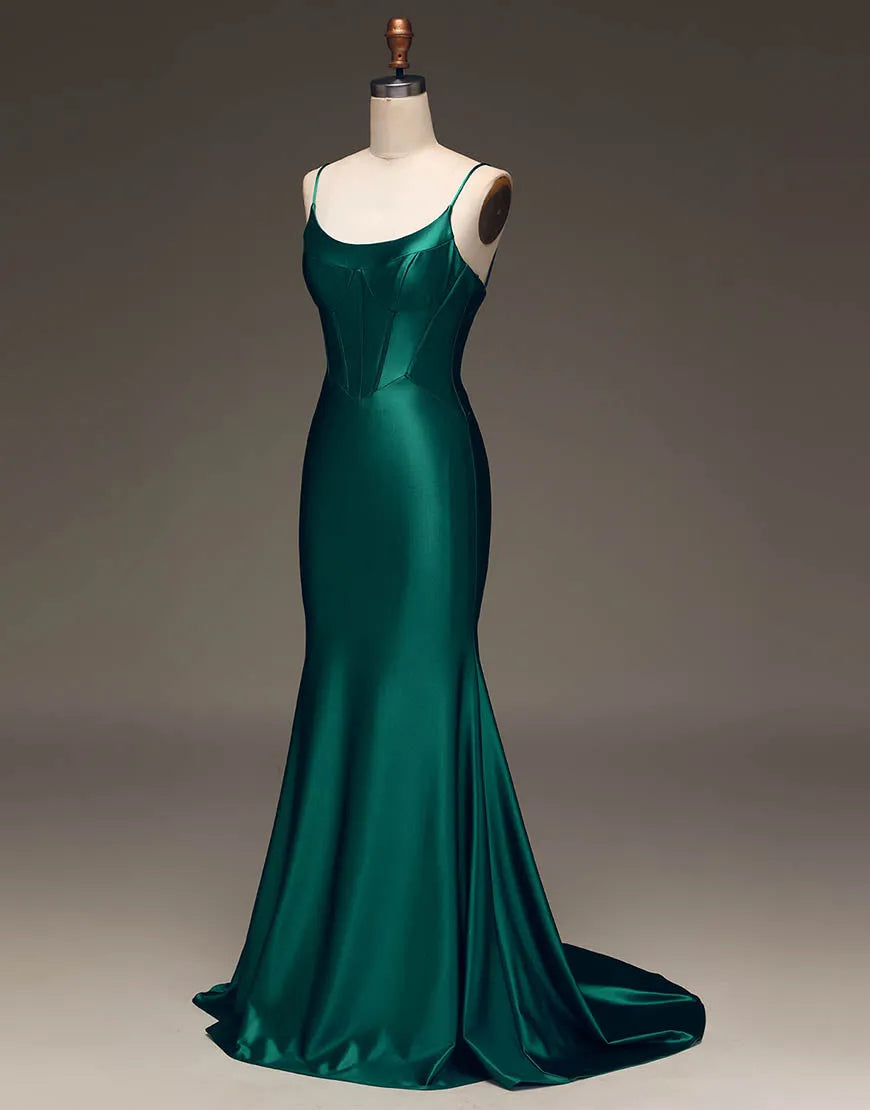 Dark Green Spaghetti Straps Lace Up Long Tight Satin Prom Dress