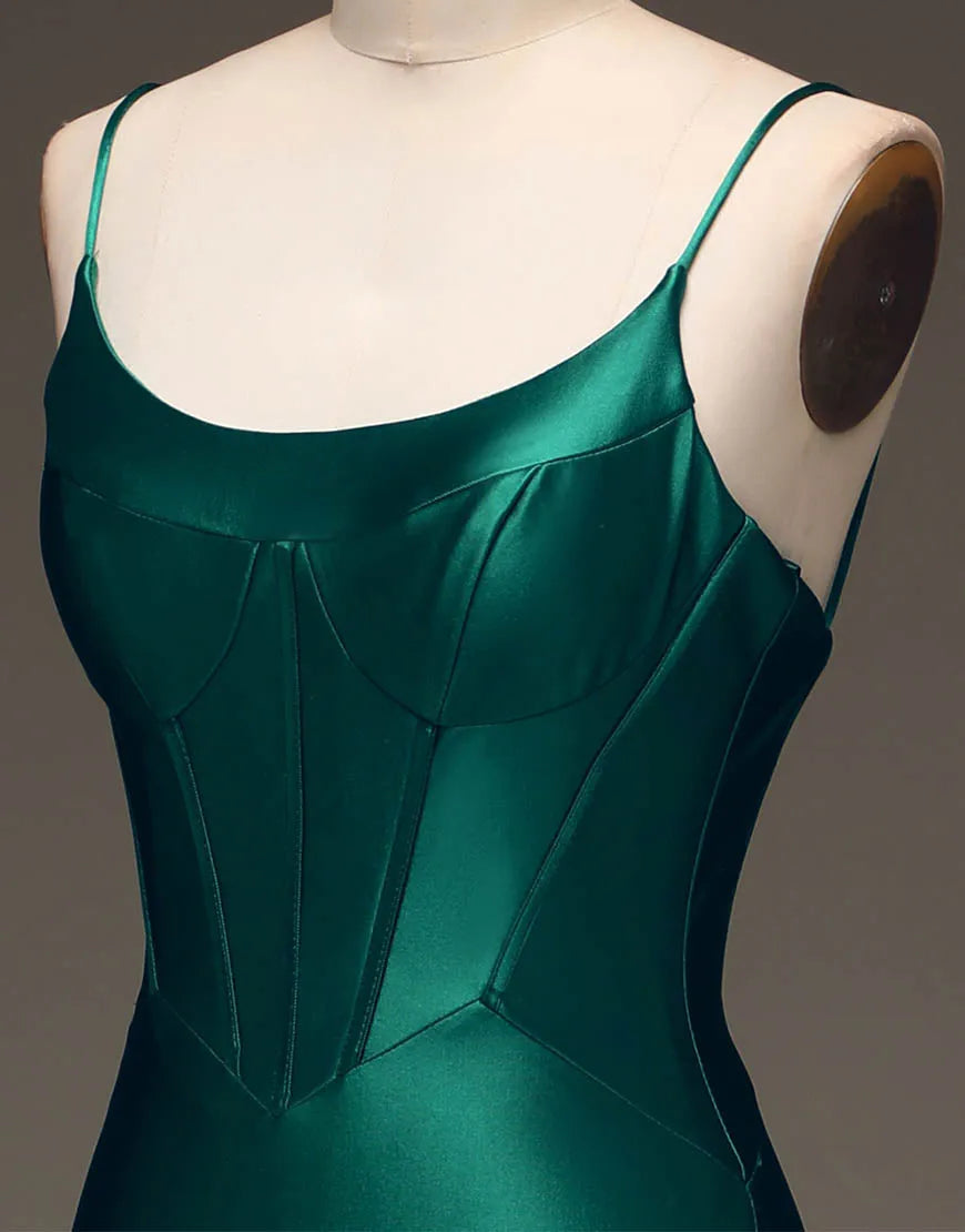 Dark Green Spaghetti Straps Lace Up Long Tight Satin Prom Dress