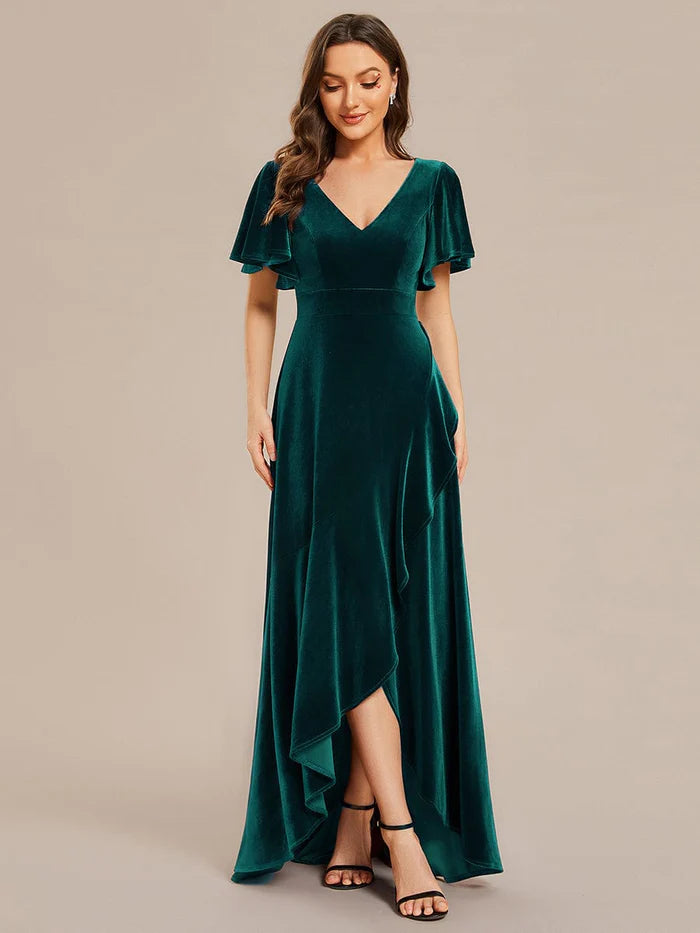 Double V-Neck Short Sleeves Stretchy Velvet Evening Dress with Lotus Leaf Hem