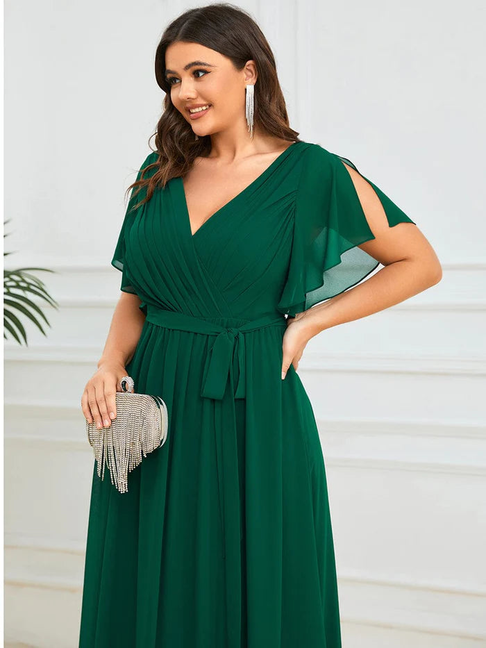 Plus Size Ruffle Pleated Chiffon Tie-Waist Evening Dress