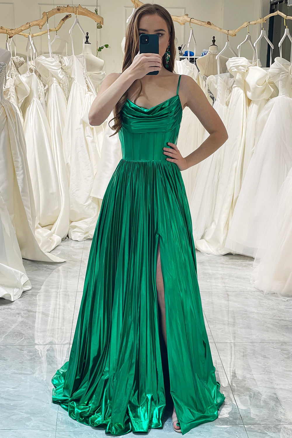 Dark Green A Line Spaghetti Straps Long Metallic Prom Dress With Slit
