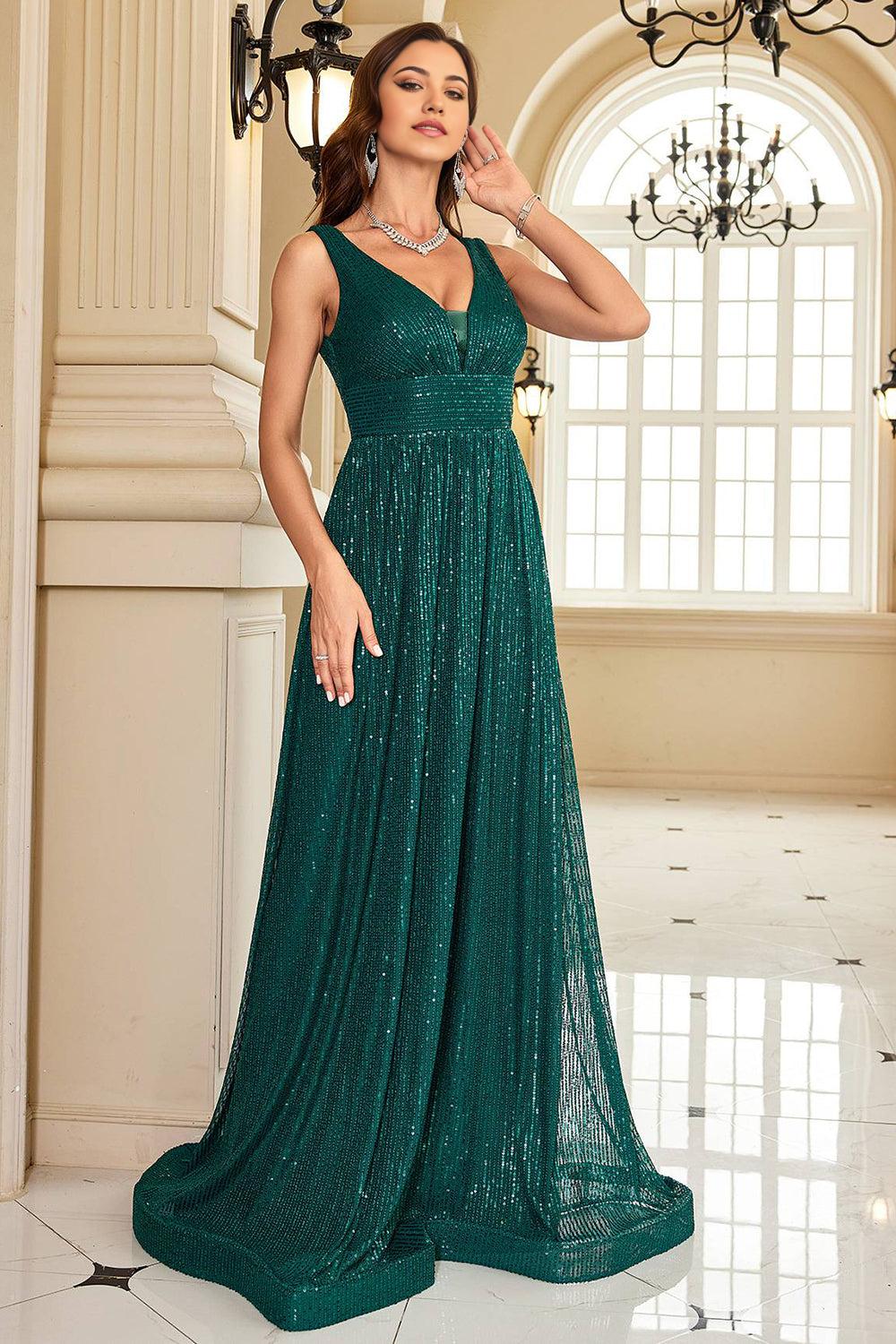 Dark Green A Line V-Neck Sequins Mother of the Bride Dress