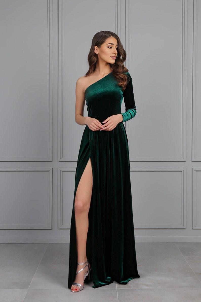 Dark Green Prom Velvet Dress High Quality Fabric Dress One Shoulder One Sleeve Maxi Dress Gown High Wrap Slit With Sash Waistban