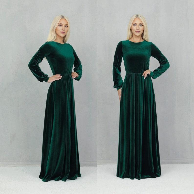 Long Sleeve Velvet Dress Prom Dress Dark Green Dress Wedding Guest Dress