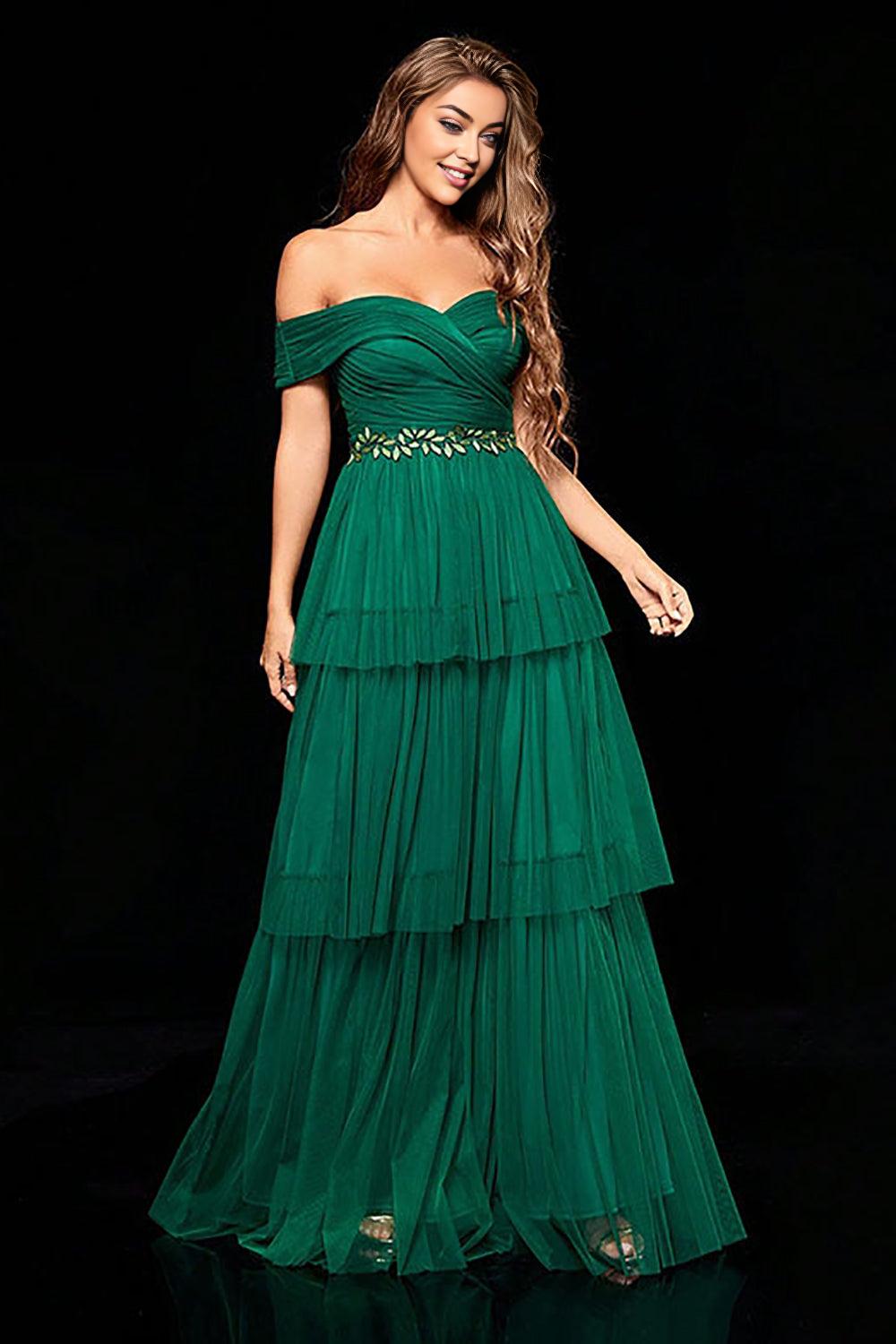 Off the Shoulder Dark Green Tiered Mother of the Bride Dress with Ruffles