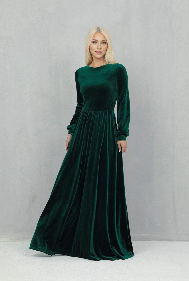 Long Sleeve Velvet Dress Prom Dress Dark Green Dress Wedding Guest Dress