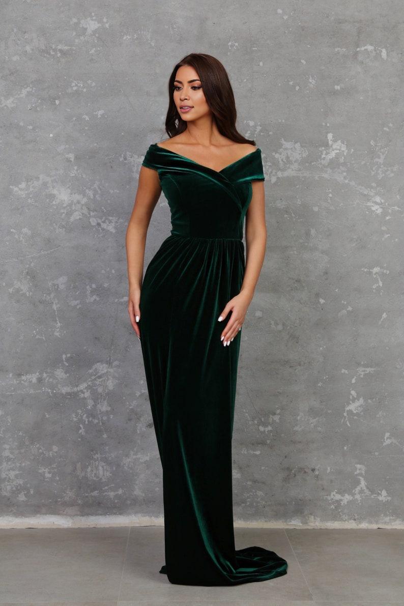 Dark Green Emerald Prom Velvet Dress High Quality Fabric Dress Open Shoulder Dress With Lower Slit