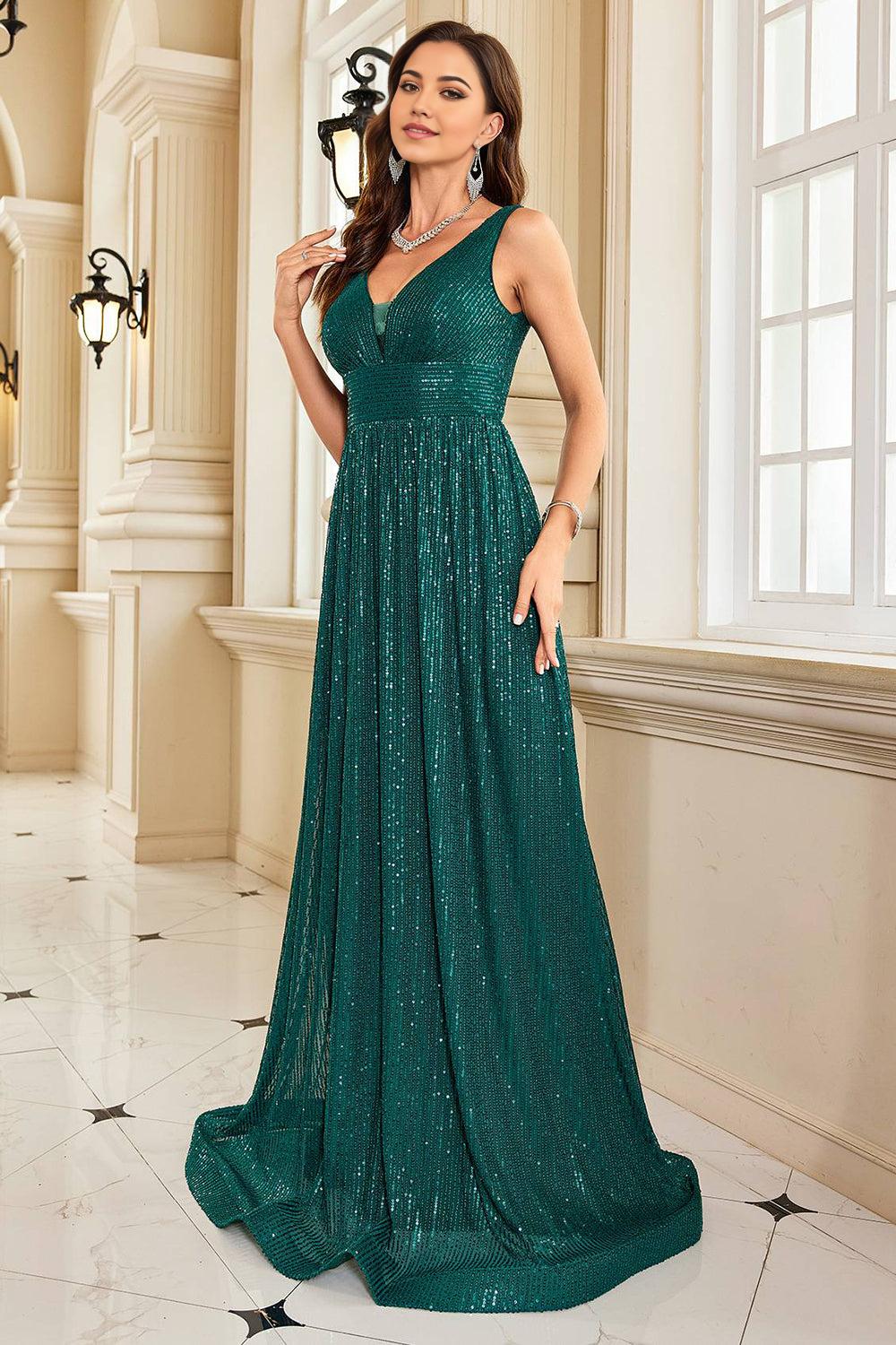 Dark Green A Line V-Neck Sequins Mother of the Bride Dress