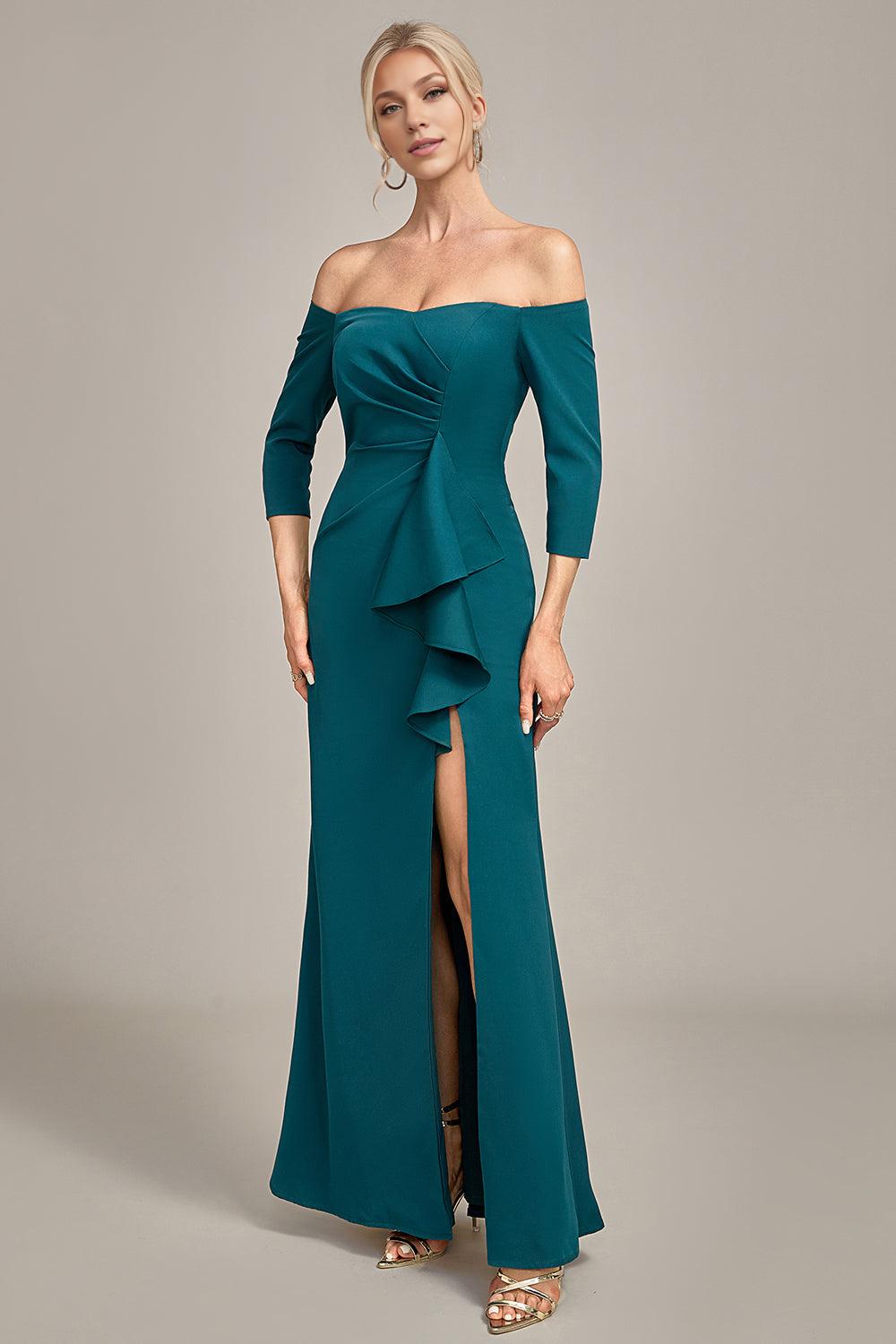 Dark Green Off The Shoulder Cascading Ruffled Mother Of The Bride Dress