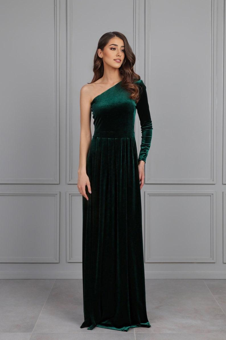 Dark Green Prom Velvet Dress High Quality Fabric Dress One Shoulder One Sleeve Maxi Dress Gown High Wrap Slit With Sash Waistban