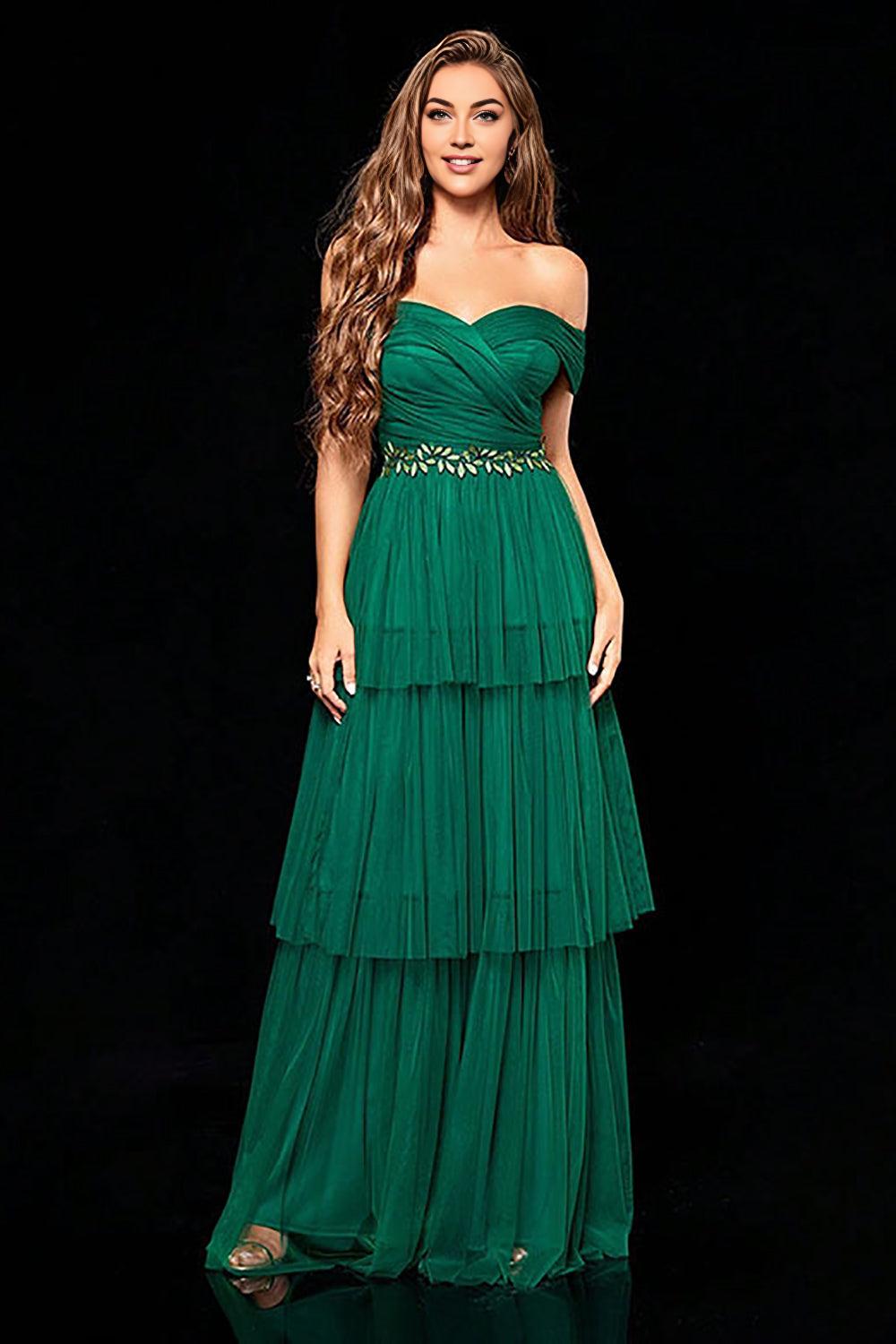 Off the Shoulder Dark Green Tiered Mother of the Bride Dress with Ruffles