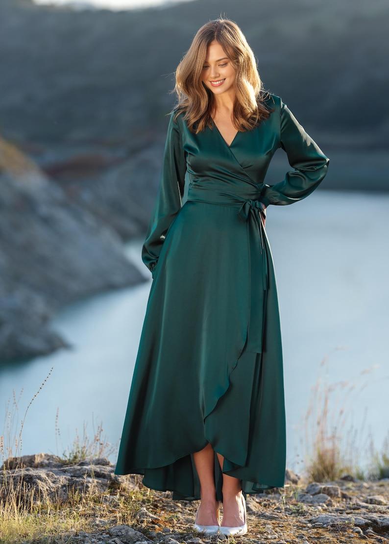 Dark Green Long Sleeved Waist Decoration Formal Bridesmaid Dress