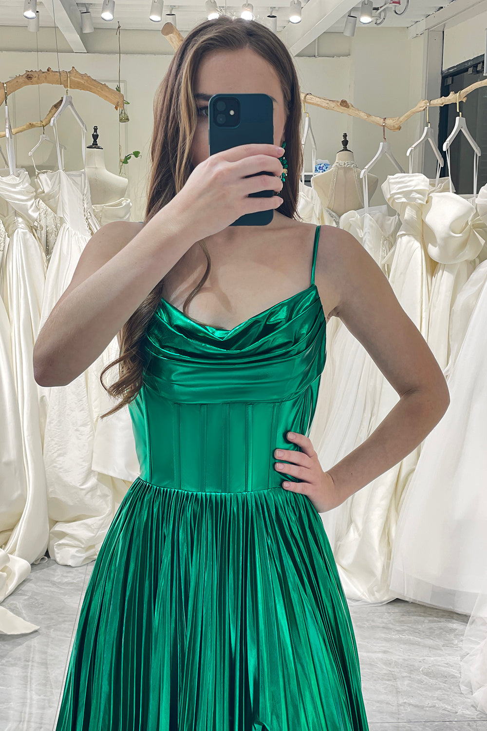 Dark Green A Line Spaghetti Straps Long Metallic Prom Dress With Slit