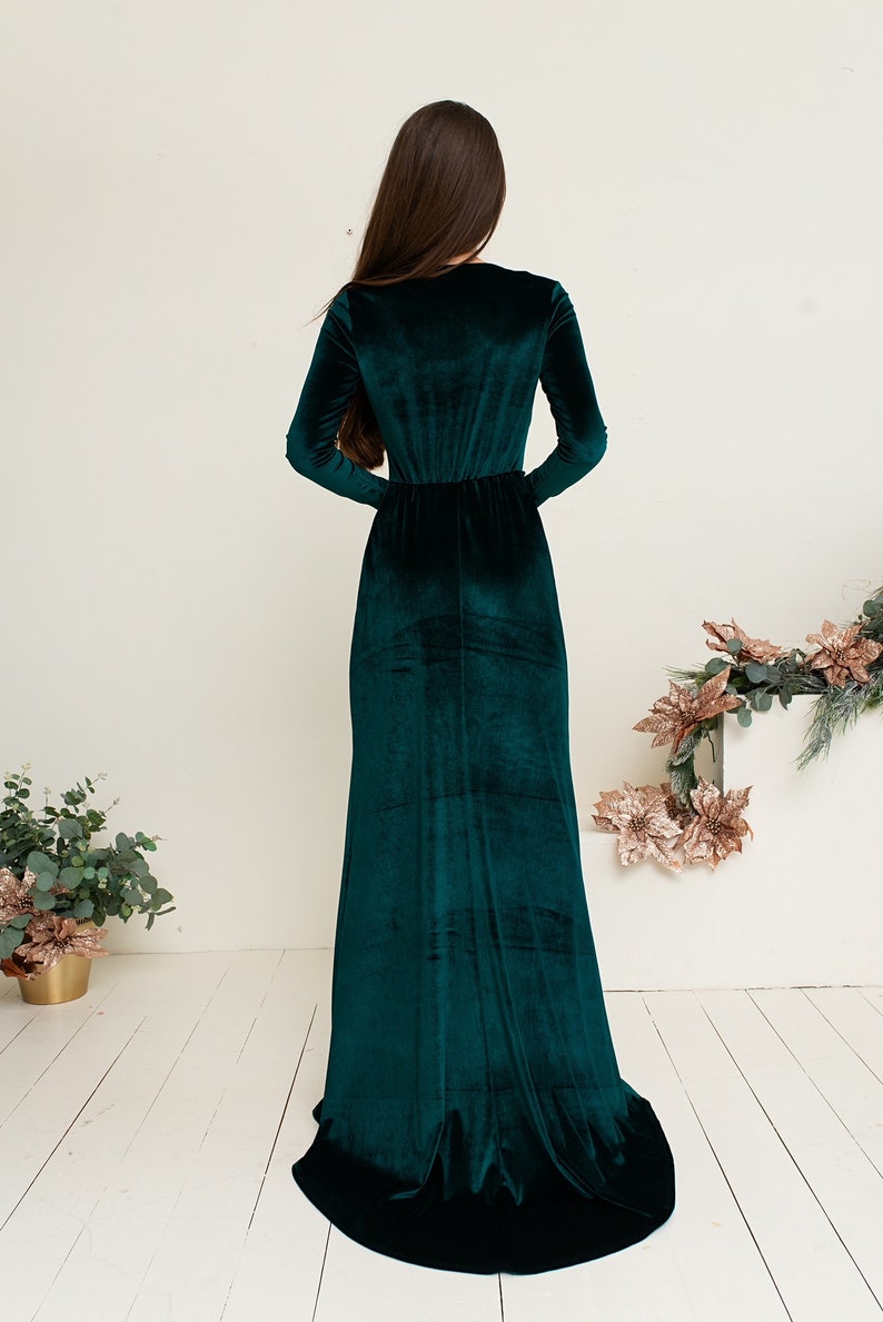 Dark Green velvet dress Slip V neck Dress Prom Dress Gothic dress Fitted Dress Long sleeve