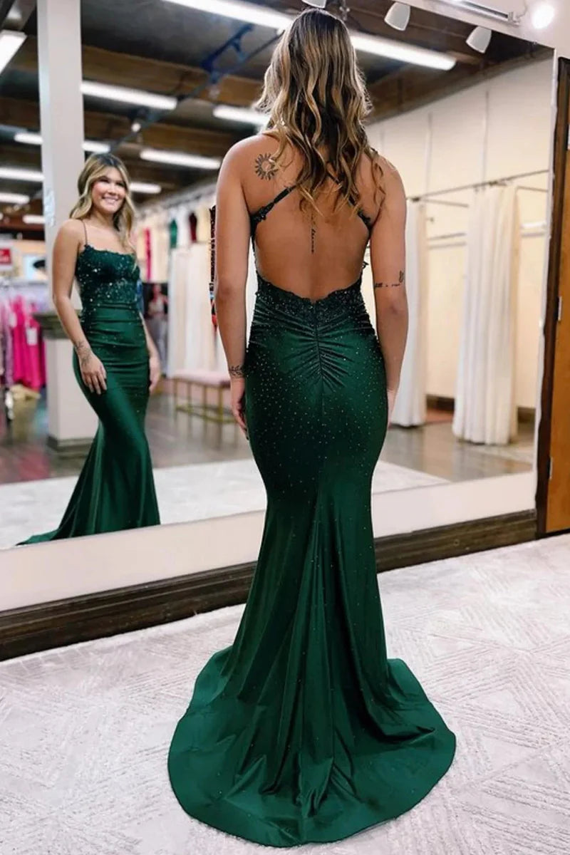 Mermaid Spaghetti Straps Dark Green Long Prom Dress with