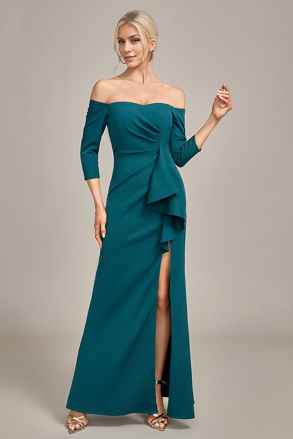 Dark Green Off The Shoulder Cascading Ruffled Mother Of The Bride Dress