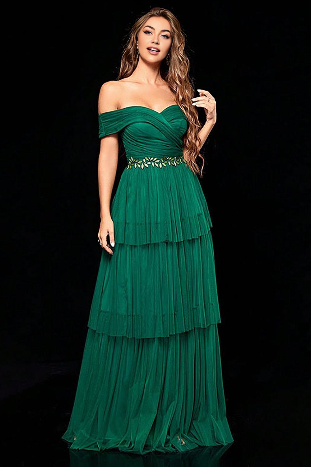 Off the Shoulder Dark Green Tiered Mother of the Bride Dress with Ruffles