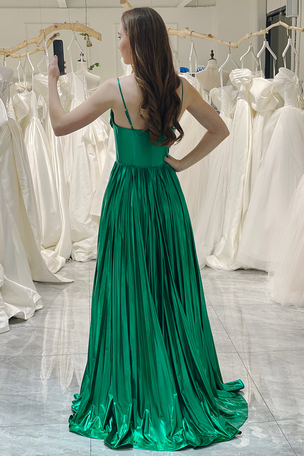 Dark Green A Line Spaghetti Straps Long Metallic Prom Dress With Slit