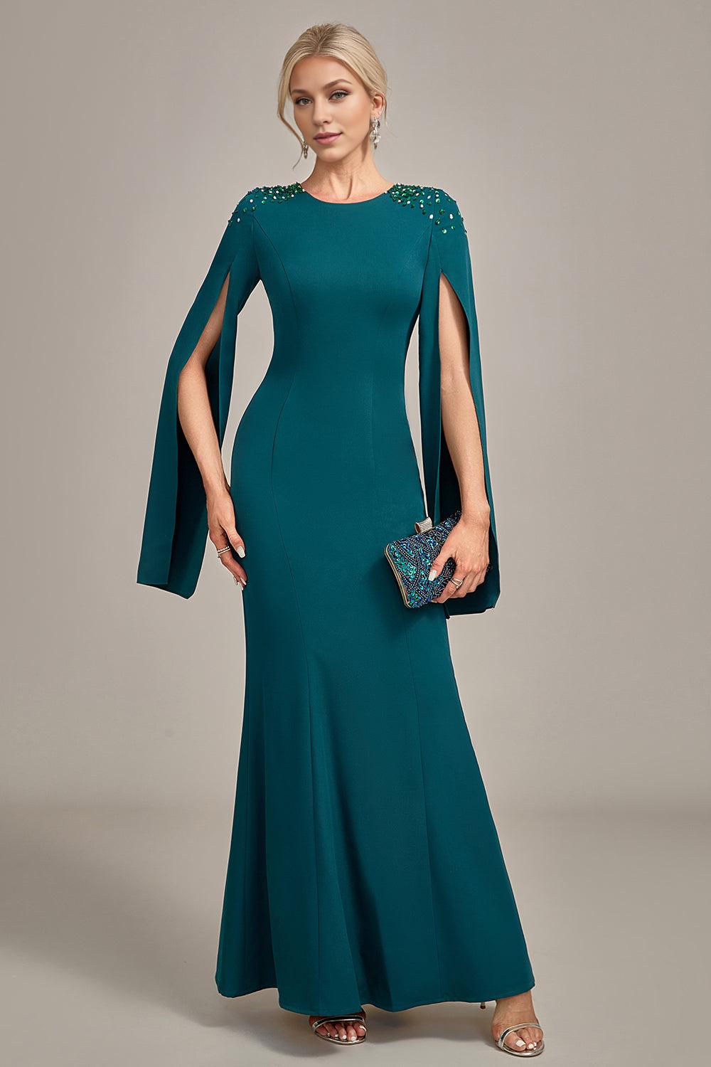 Dark Green Mermaid Round Neck Mother of the Bride Dress With Long Sleeves