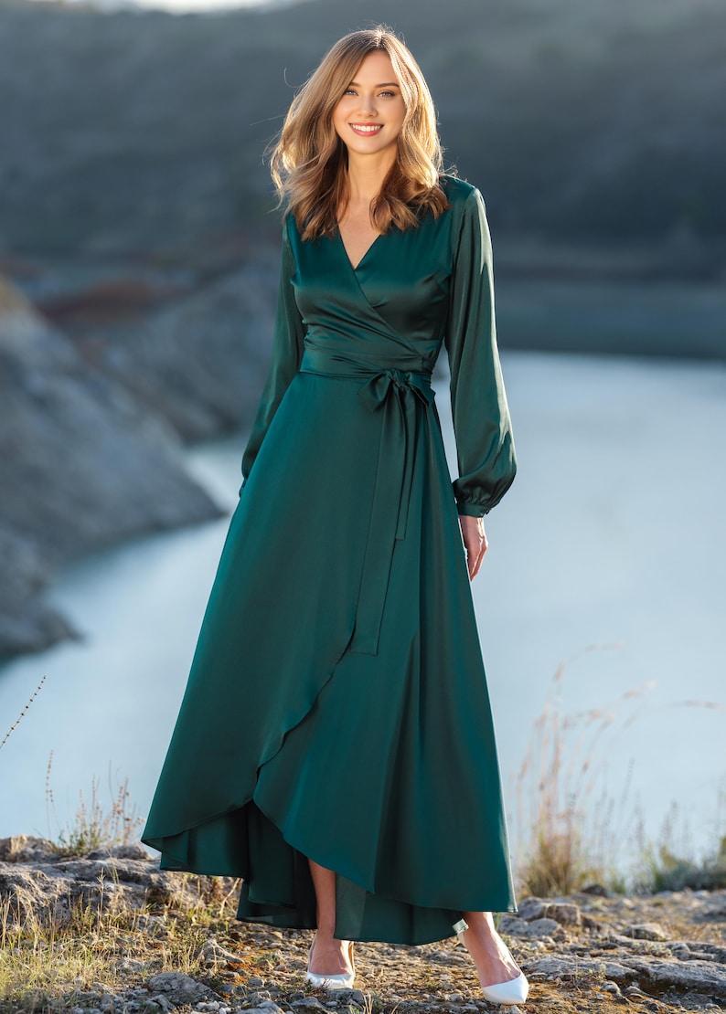 Dark Green Long Sleeved Waist Decoration Formal Bridesmaid Dress
