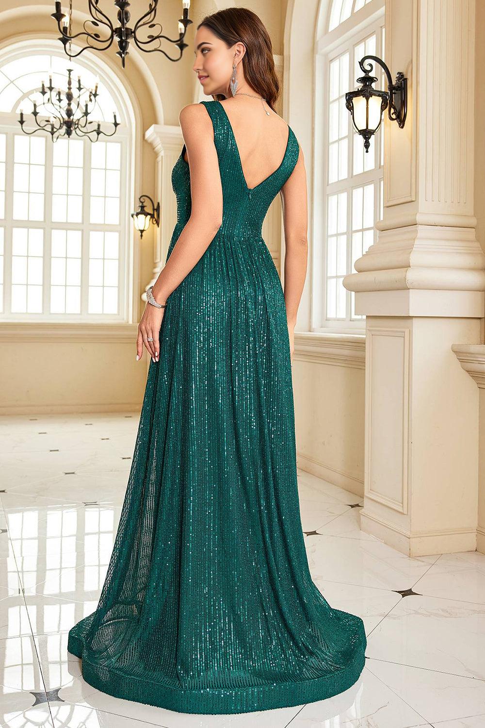 Dark Green A Line V-Neck Sequins Mother of the Bride Dress
