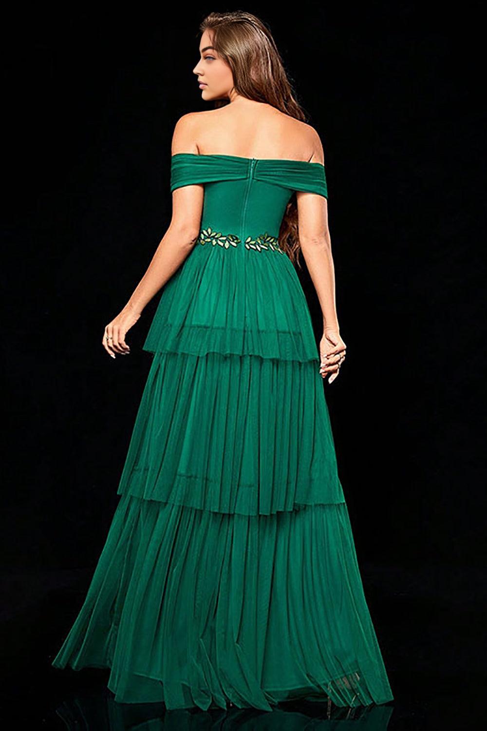 Off the Shoulder Dark Green Tiered Mother of the Bride Dress with Ruffles