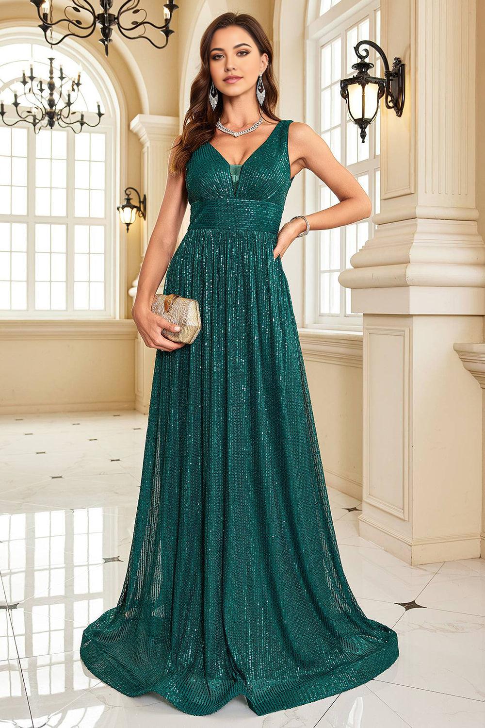 Dark Green A Line V-Neck Sequins Mother of the Bride Dress