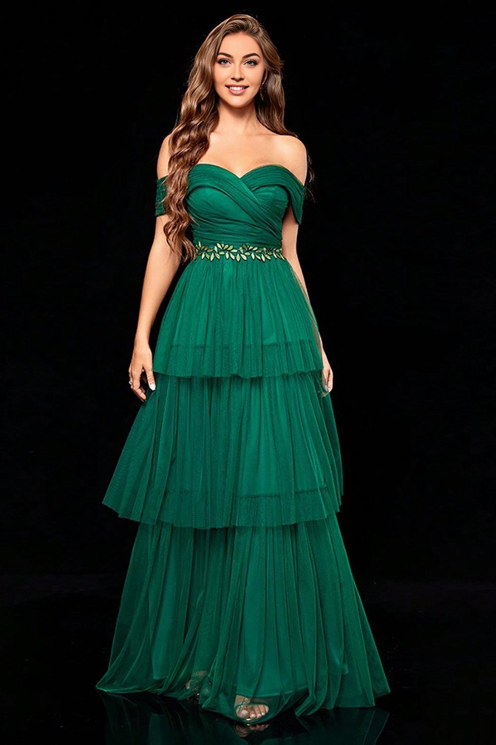 Off the Shoulder Dark Green Tiered Mother of the Bride Dress with Ruffles
