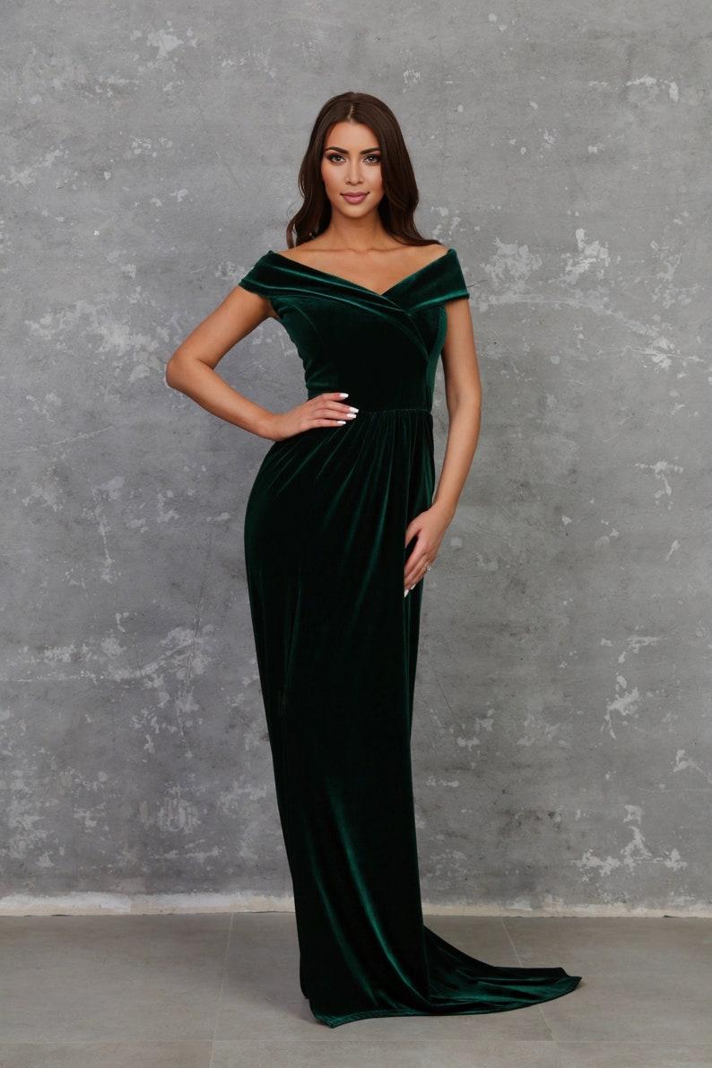 Dark Green Emerald Prom Velvet Dress High Quality Fabric Dress Open Shoulder Dress With Lower Slit