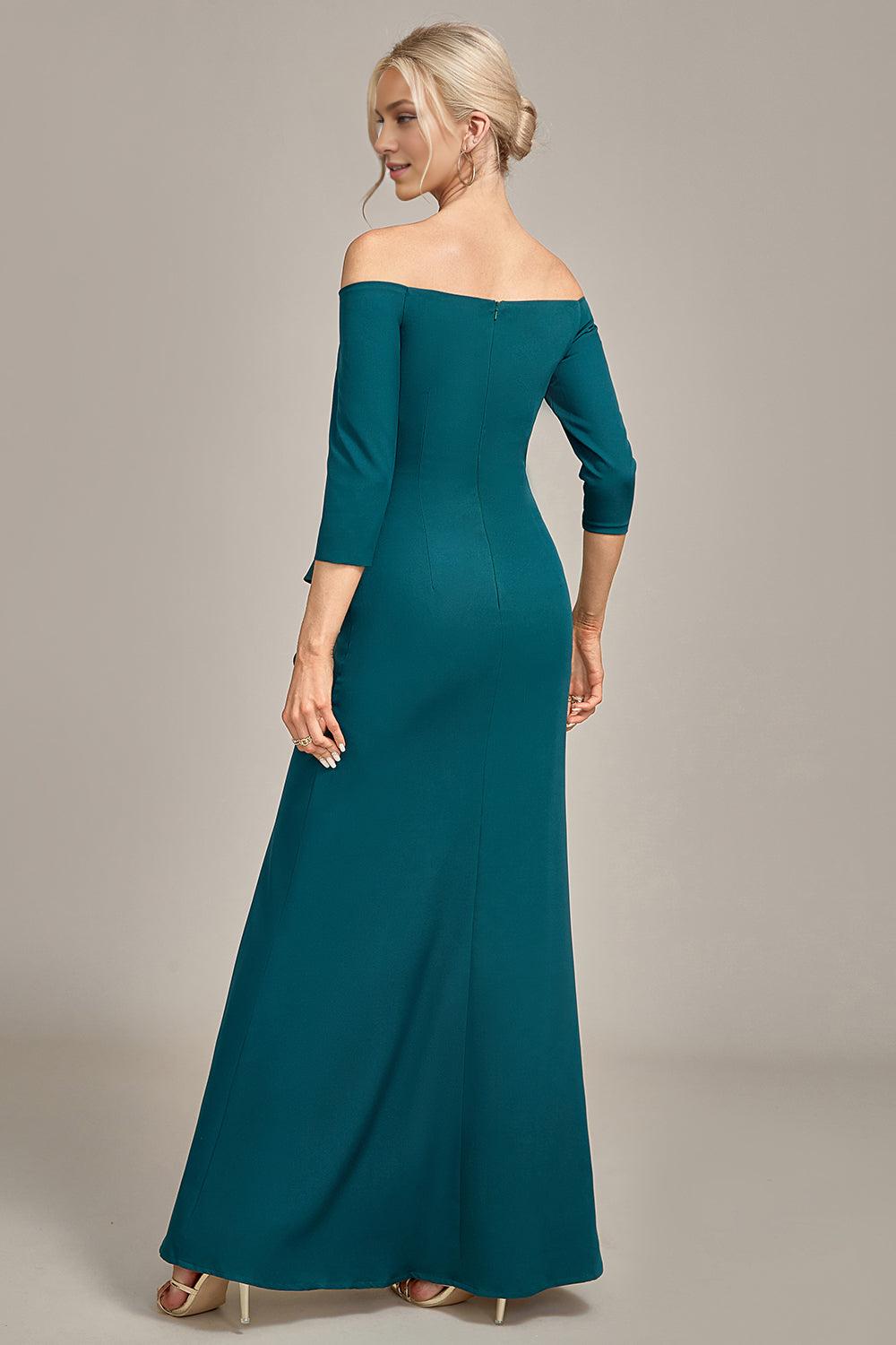 Dark Green Off The Shoulder Cascading Ruffled Mother Of The Bride Dress