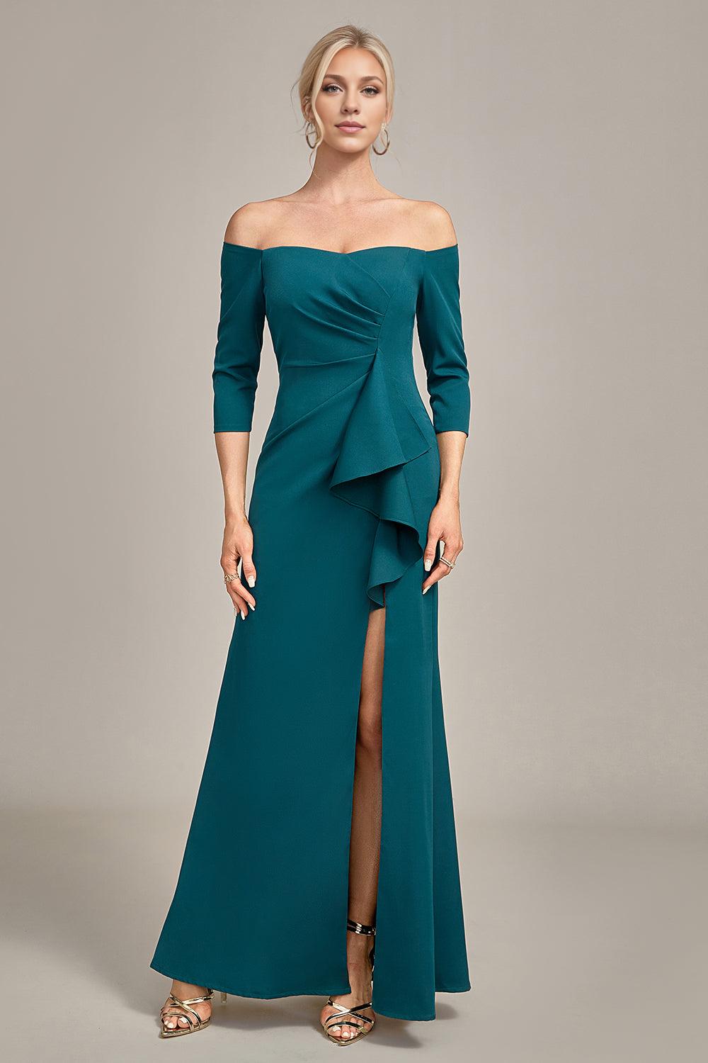 Dark Green Off The Shoulder Cascading Ruffled Mother Of The Bride Dress