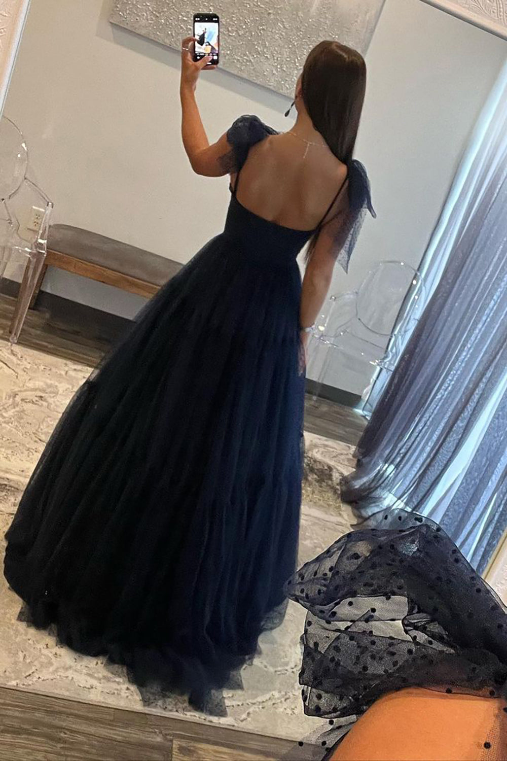 A-Line Tie Straps Zipper Back Long Tulle Prom Dress